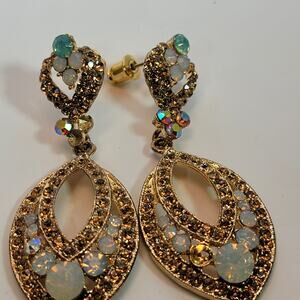 Vintage Gold Tone Teardrop Earrings with Rhinestones & Opalescent Stones